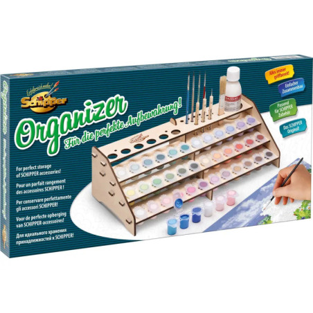 Schipper Organizer Box mit Farbaufbewahrung, kleinen Farbtöpfchen, Pinseln und Malzubehör.