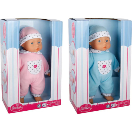 Zwei Babypuppen in Boxen, eine in Rosa, eine in Blau, beide mit passenden Mützen und weißen Punkten.