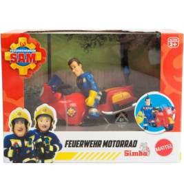 Fireman Sam Spielset mit Feuerwehrmann-Figur und rotem Motorrad in einer Box mit der Aufschrift Feuerwehr Motorrad.