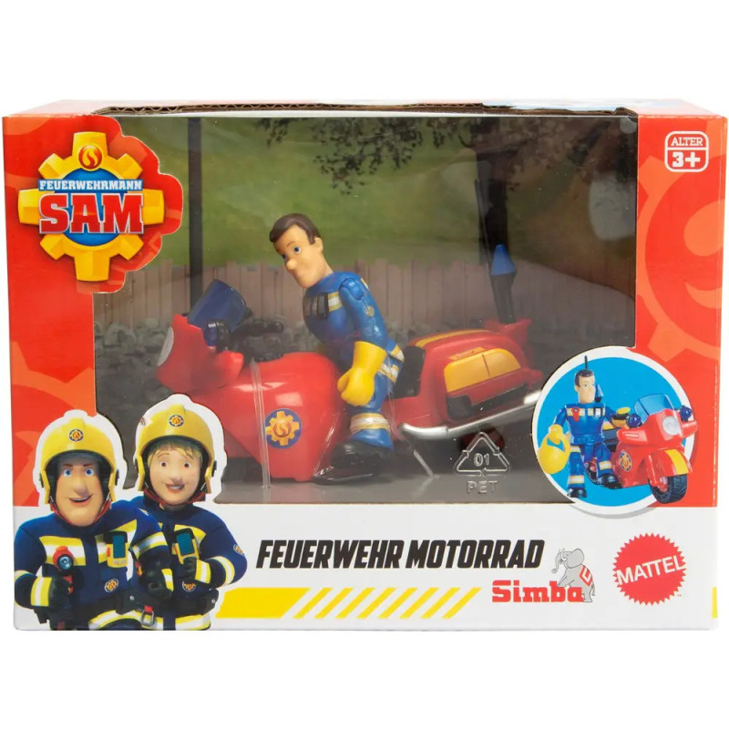 Fireman Sam Spielset mit Feuerwehrmann-Figur und rotem Motorrad in einer Box mit der Aufschrift Feuerwehr Motorrad. Fireman Sam Spielset mit Feuerwehrmann-Figur und rotem Motorrad in einer Box mit der Aufschrift Feuerwehr Motorrad.