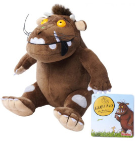 Brauner Grüffelo-Plüsch mit gelben Augen, großen Zähnen und einem Buchanhänger an der Hand.