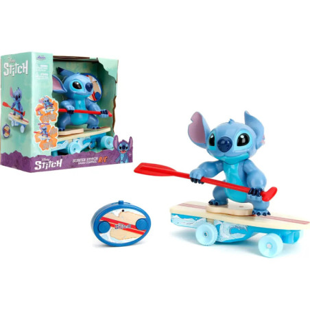 Ferngesteuertes Stitch-Spielzeug auf Skateboard mit Paddel, inklusive Fernbedienung und Verpackung.
