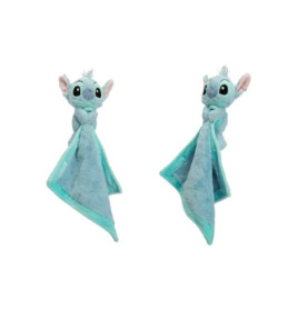 Zwei blaue Plüsch-Stitch-Figuren mit blauen Decken, von vorn und von der Seite auf weißem Hintergrund.
