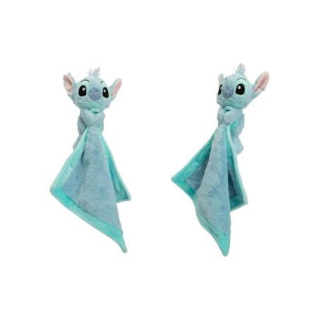 Zwei blaue Plüsch-Stitch-Figuren mit blauen Decken, von vorn und von der Seite auf weißem Hintergrund.