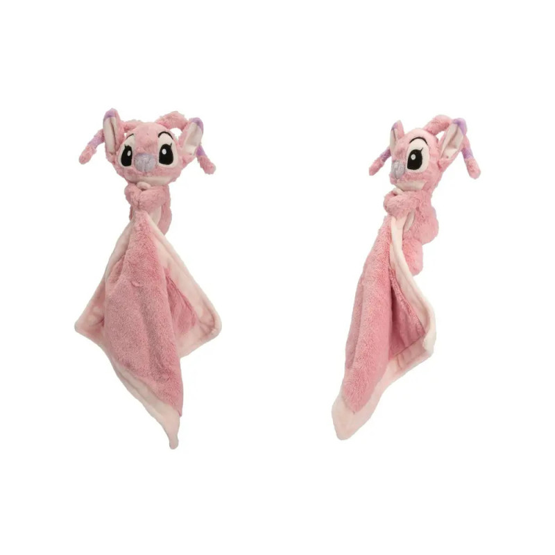 Rosa Plüsch-Schmusetuch mit Tierkopf und großen Augen, aus zwei Perspektiven dargestellt. Rosa Plüsch-Schmusetuch mit Tierkopf und großen Augen, aus zwei Perspektiven dargestellt.