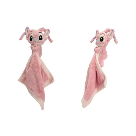Rosa Plüsch-Schmusetuch mit Tierkopf und großen Augen, aus zwei Perspektiven dargestellt.