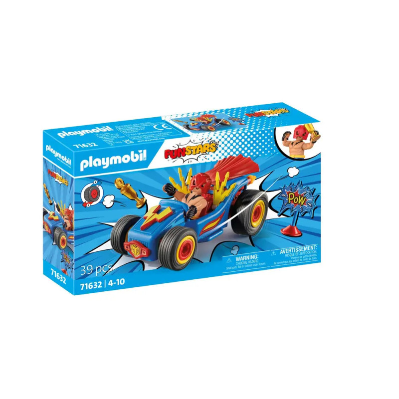 Playmobil FunStars Set mit Spielzeugauto-Box darauf ein rot-blauer Rennwagen und Comic-Grafiken. Playmobil FunStars Set mit Spielzeugauto-Box darauf ein rot-blauer Rennwagen und Comic-Grafiken.