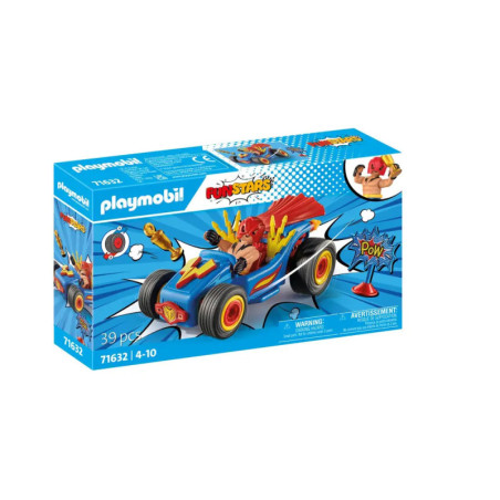 Playmobil FunStars Set mit Spielzeugauto-Box darauf ein rot-blauer Rennwagen und Comic-Grafiken.
