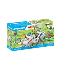 Playmobil-Box mit buntem Rennwagen und Comicfiguren, beschriftet mit FunStars und Boom.