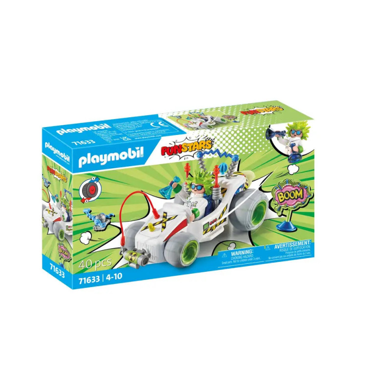 Playmobil-Box mit buntem Rennwagen und Comicfiguren, beschriftet mit FunStars und Boom. Playmobil-Box mit buntem Rennwagen und Comicfiguren, beschriftet mit FunStars und Boom.
