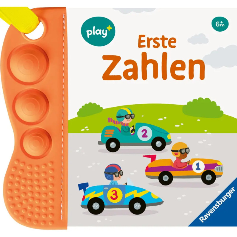 Kinderbuchcover mit bunten Rennwagen Nummer 1, 2 und 3 an der Seite ist ein orangefarbenes Fidget befestigt.