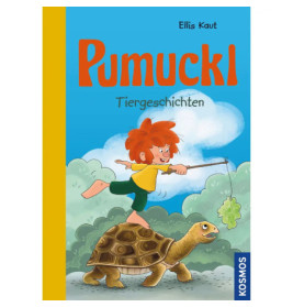 Cartoon-Junge reitet auf einer Schildkröte mit Stock und Blatt, Buchtitel: Pumuckl Tiergeschichten.