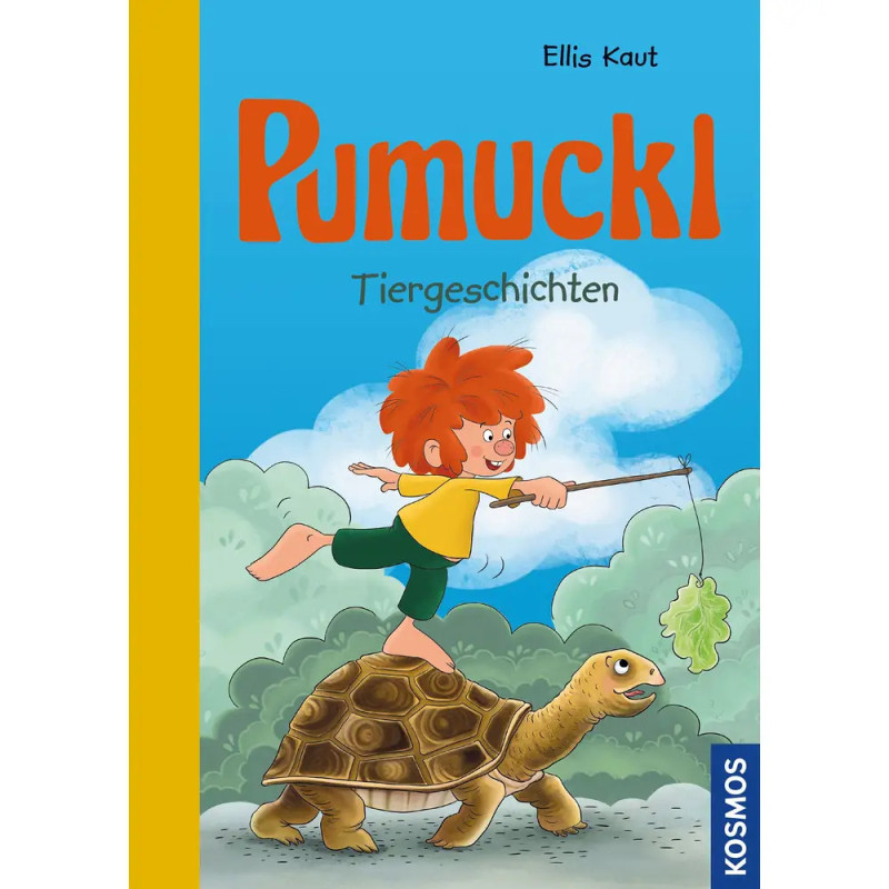 Cartoon-Junge reitet auf einer Schildkröte mit Stock und Blatt, Buchtitel: Pumuckl Tiergeschichten.