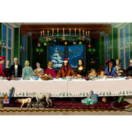 Das letzte Abendmahl im Weihnachtsstil mit bekannten Popkulturfiguren und festlicher Dekoration.