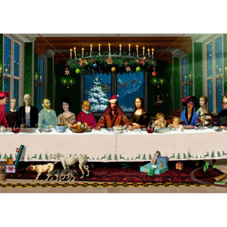 Das letzte Abendmahl im Weihnachtsstil mit bekannten Popkulturfiguren und festlicher Dekoration. Das letzte Abendmahl im Weihnachtsstil mit bekannten Popkulturfiguren und festlicher Dekoration.
