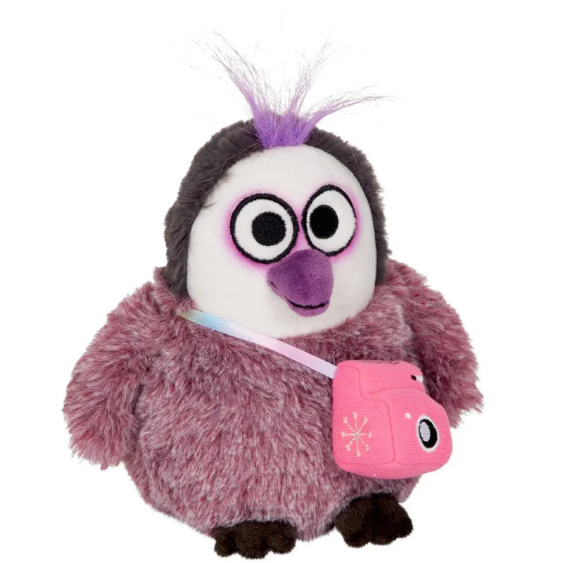 Plüschvogel mit lila Fell, großen Augen und einer pinken Kameratasche um den Hals.