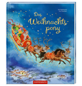 Der Weihnachtsmann fährt im Rentierschlitten über ein verschneites Dorf. Buchtitel: Das Weihnachtspony.
