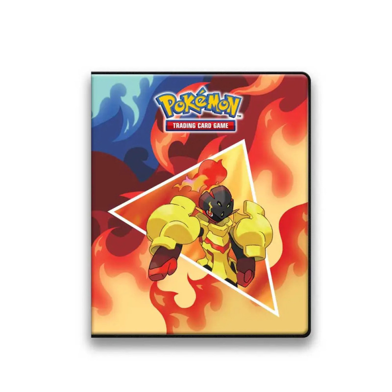 Pokémon-Kartenordner mit Feuer-Design und einem Pokémon im Zentrum vor feurigem Hintergrund.