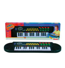 Elektronisches Spielzeug-Keyboard mit bunten Tasten, abgebildet in Verpackung mit spielendem, lächelndem Kind.