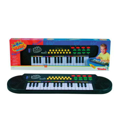 Elektronisches Spielzeug-Keyboard mit bunten Tasten, abgebildet in Verpackung mit spielendem, lächelndem Kind.