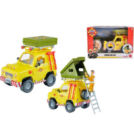 Gelber Spielzeug-Geländewagen mit grünem Dachzelt, Leiter, Spielfigur und Verpackung in der Ecke.