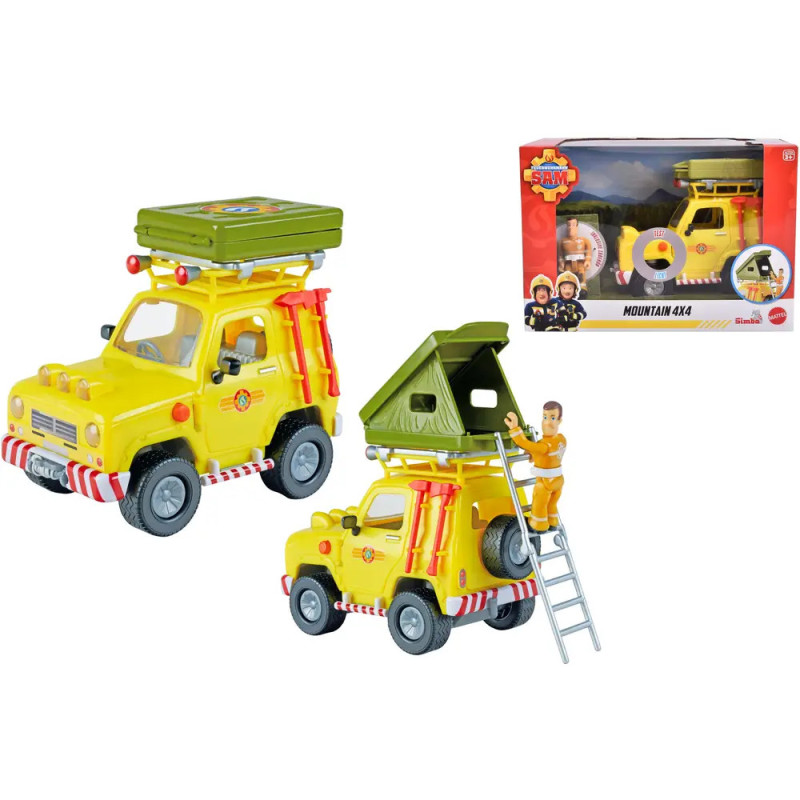 Gelber Spielzeug-Geländewagen mit grünem Dachzelt, Leiter, Spielfigur und Verpackung in der Ecke. Gelber Spielzeug-Geländewagen mit grünem Dachzelt, Leiter, Spielfigur und Verpackung in der Ecke.
