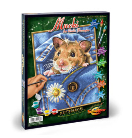 Malen-nach-Zahlen-Set mit Hamster in blauer Jeanstasche, dazu abgebildete Malutensilien.