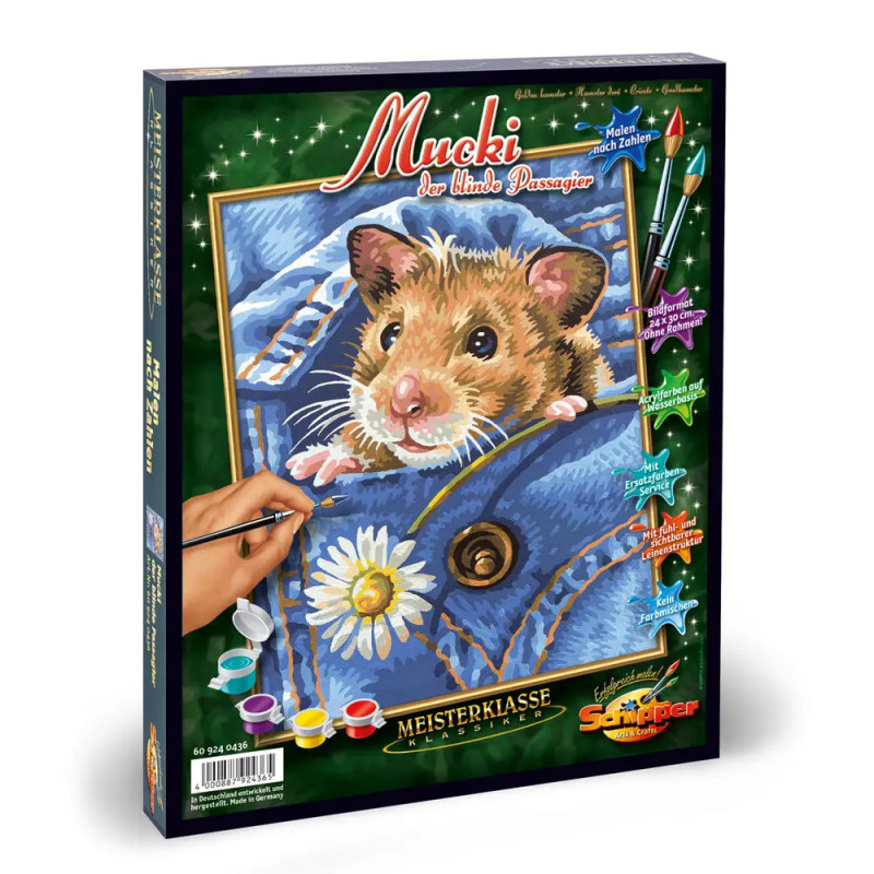 Malen-nach-Zahlen-Set mit Hamster in blauer Jeanstasche, dazu abgebildete Malutensilien.