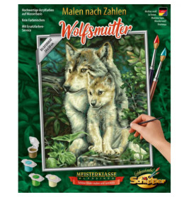 Auf der Malset-Box sind Wolfsmutter und Junges im Wald zu sehen, eine Hand malt das Bild nach Zahlen aus.