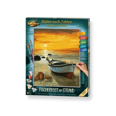 Malset-Box mit Motiv: Boot am Strand bei Sonnenuntergang, Malutensilien sind seitlich abgebildet.