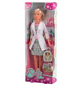 Steffi Love Pet Vet Puppe im Karton mit Arztkittel, Kleid und Tierarzt-Zubehör.