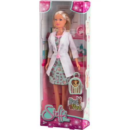 Steffi Love Pet Vet Puppe im Karton mit Arztkittel, Kleid und Tierarzt-Zubehör.
