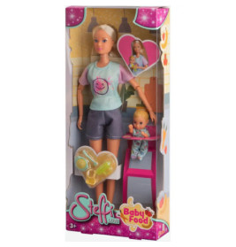 Blonde Puppe mit Babypuppe, Hochstuhl und Fläschchen in Steffi Love Baby Food Verpackung.