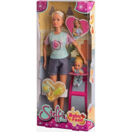 Blonde Puppe mit Babypuppe, Hochstuhl und Fläschchen in Steffi Love Baby Food Verpackung.