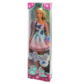 Steffi Love Puppe im pinken Kleid mit Schmetterlingsmotiven, verpackt in einer hohen, bunten Box.