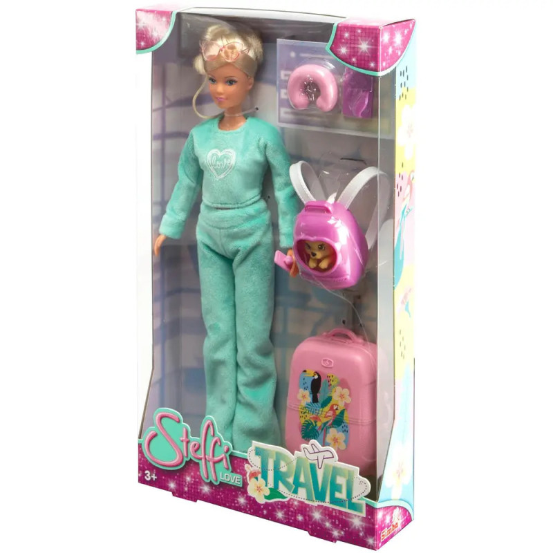 Steffi Love Reisepuppe im Karton mit türkisfarbenem Outfit, Koffer, Rucksack und Reiseaccessoires. Steffi Love Reisepuppe im Karton mit türkisfarbenem Outfit, Koffer, Rucksack und Reiseaccessoires.