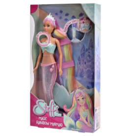 Steffi Love Magic Rainbow Meerjungfrauen-Puppe mit Regenbogenhaar und Zubehör, geeignet ab 3 Jahren, in Verpackung.