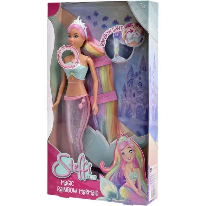 Steffi Love Magic Rainbow Meerjungfrauen-Puppe mit Regenbogenhaar und Zubehör, geeignet ab 3 Jahren, in Verpackung. Steffi Love Magic Rainbow Meerjungfrauen-Puppe mit Regenbogenhaar und Zubehör, geeignet ab 3 Jahren, in Verpackung.