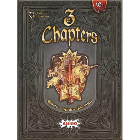 Spielschachtel von 3 Kapiteln mit Fantasy-Motiv: Ritter, Drache und aufgeschlagenes Buch.