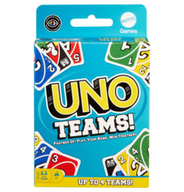 Blaue UNO Teams-Spielschachtel mit bunten Karten und dem Slogan: Gemeinsam spielen und gewinnen.