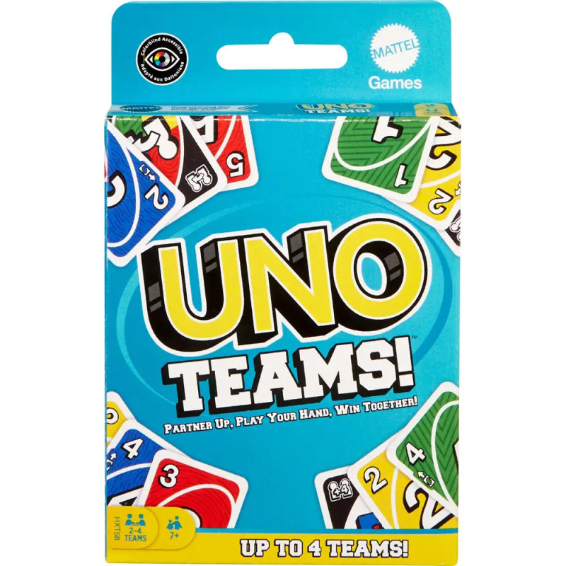 Blaue UNO Teams-Spielschachtel mit bunten Karten und dem Slogan: Gemeinsam spielen und gewinnen.