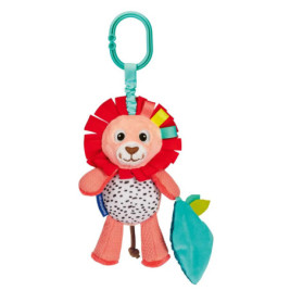Plüsch-Löwenbaby mit roter Mähne, bunten Bändern und blauem Blatt, hängt an einem türkisfarbenen Clip.