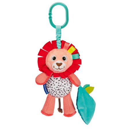 Plüsch-Löwenbaby mit roter Mähne, bunten Bändern und blauem Blatt, hängt an einem türkisfarbenen Clip.