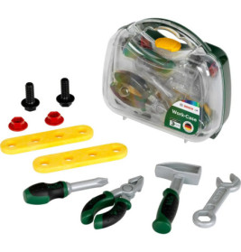 Spielzeug-Werkzeugset mit transparenter Box, Schraubenzieher, Zange, Hammer, Schraubenschlüssel und gelben Streifen.