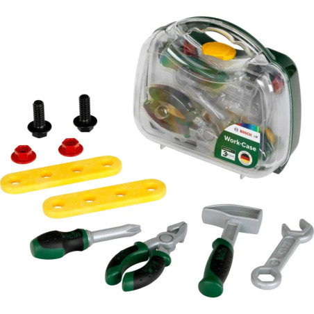 Spielzeug-Werkzeugset mit transparenter Box, Schraubenzieher, Zange, Hammer, Schraubenschlüssel und gelben Streifen.