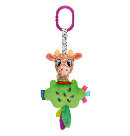 Plüsch-Giraffenspielzeug für Babys mit pinkem Clip, grünem Blatt und bunten Bändern.