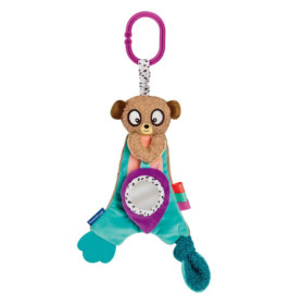 Buntes Plüschaffen-Babyspielzeug mit rosa Clip, Spiegel und strukturierten Elementen zur sensorischen Förderung.