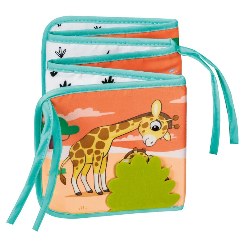 Weiches Stoff-Babybuch mit Giraffenmotiv, türkisfarbenen Bändern sowie Pflanzen und Wolken als Zeichnungen. Weiches Stoff-Babybuch mit Giraffenmotiv, türkisfarbenen Bändern sowie Pflanzen und Wolken als Zeichnungen.