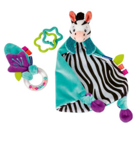 Plüsch-Zebra-Schnuffeltuch mit Rasseln und Beißringen in Türkis, Schwarz, Weiß und Lila.