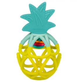 Gelb-grünes Babyspielzeug in Ananasform mit strukturierter Oberseite und bunten Ringen in der Mitte.